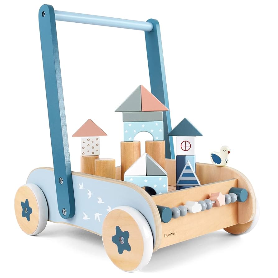 Amazon.com: PairPear Wooden Baby Walker with Blocks & Brake